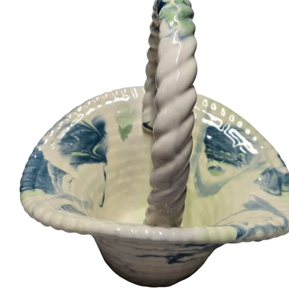 Vintage Signed Ceramic Marbled Blue Green Swirl Woven Basket Twisted Handle